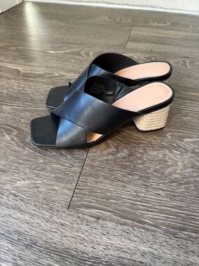 Splendid Black Leather Crisscross Mules with Woven Tan Block Heel